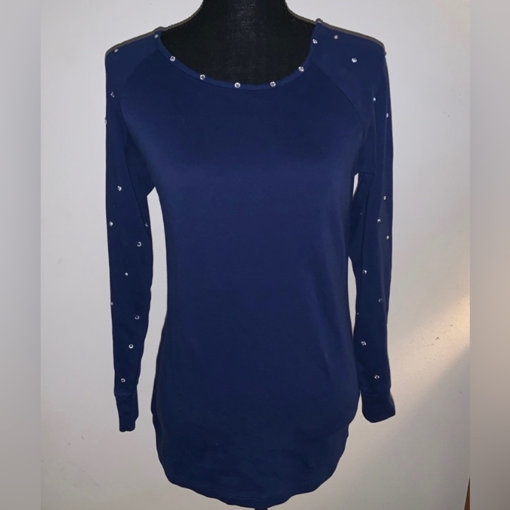 Quacker Factory Navy LS Rhinestone Top blouse XXS